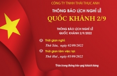 THÔNG BÁO LỊCH NGHỈ LỄ 2-9-2022 